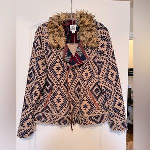 Ivy Jane Teddy Jacket Navy/beige  With Collar